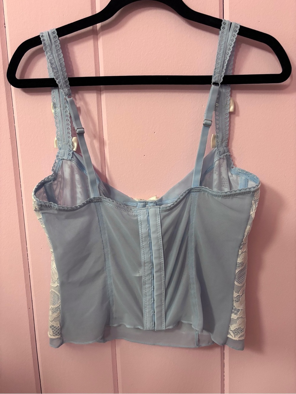 Pastel Blue & White Coquette Floral Lace Sheer Bow Corset Bustier Top - Medium - Picture 11 of 16